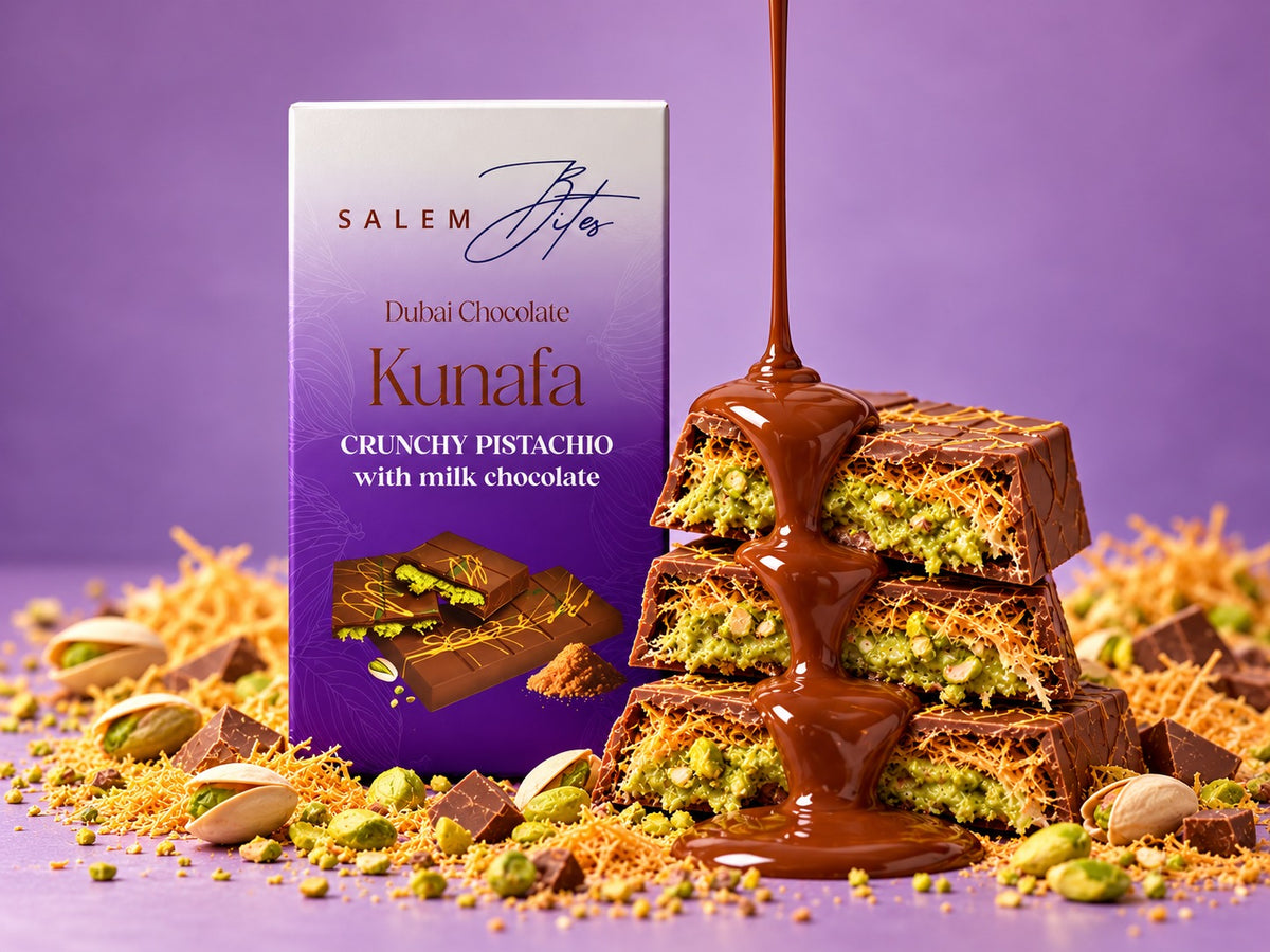 Crunchy Pistachio Kunafa Dubai chocolate with milk chocolate, box and bars