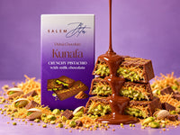Crunchy Pistachio Kunafa Dubai chocolate with milk chocolate, box and bars