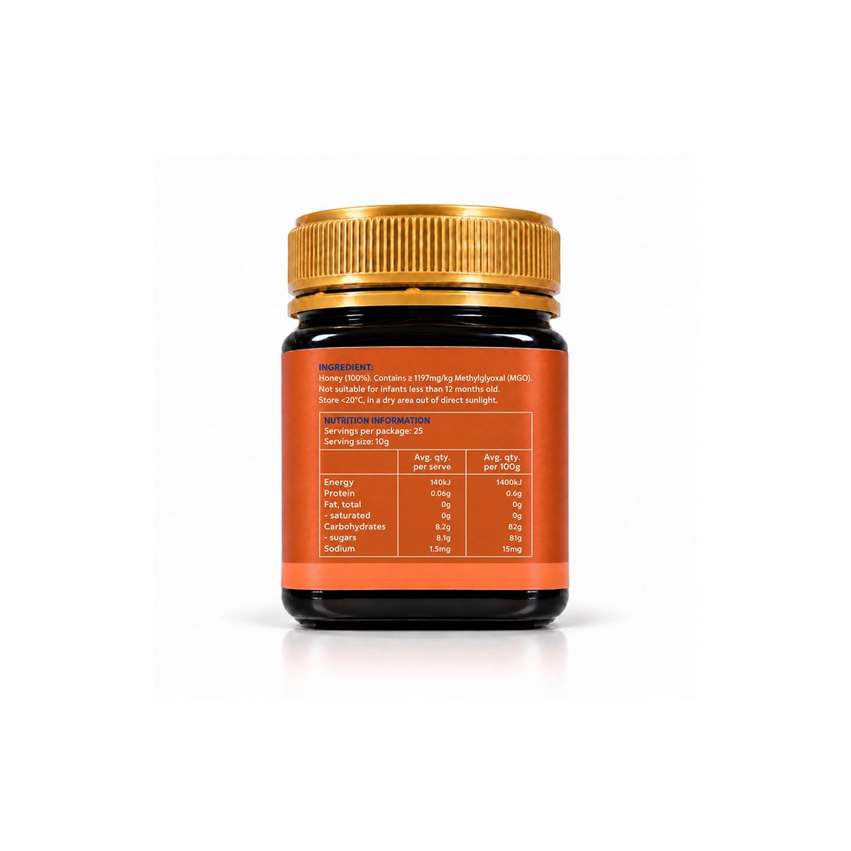 Raw Mānuka Honey MGO 1197+ — back label and nutrition