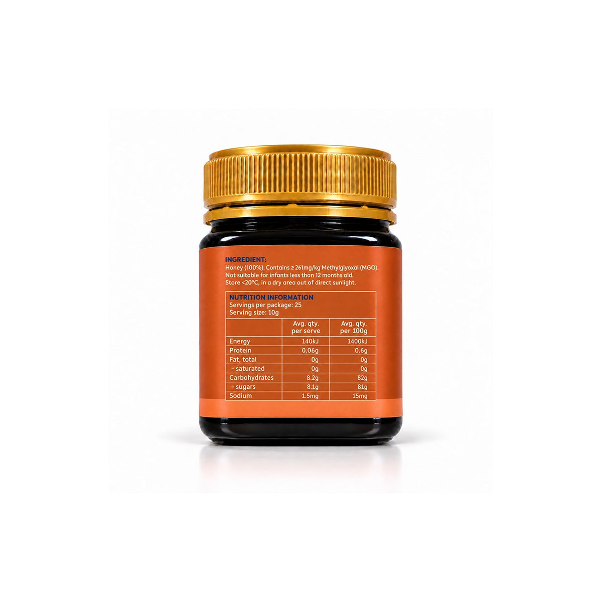 Raw Mānuka Honey MGO 261+ — back label and nutrition