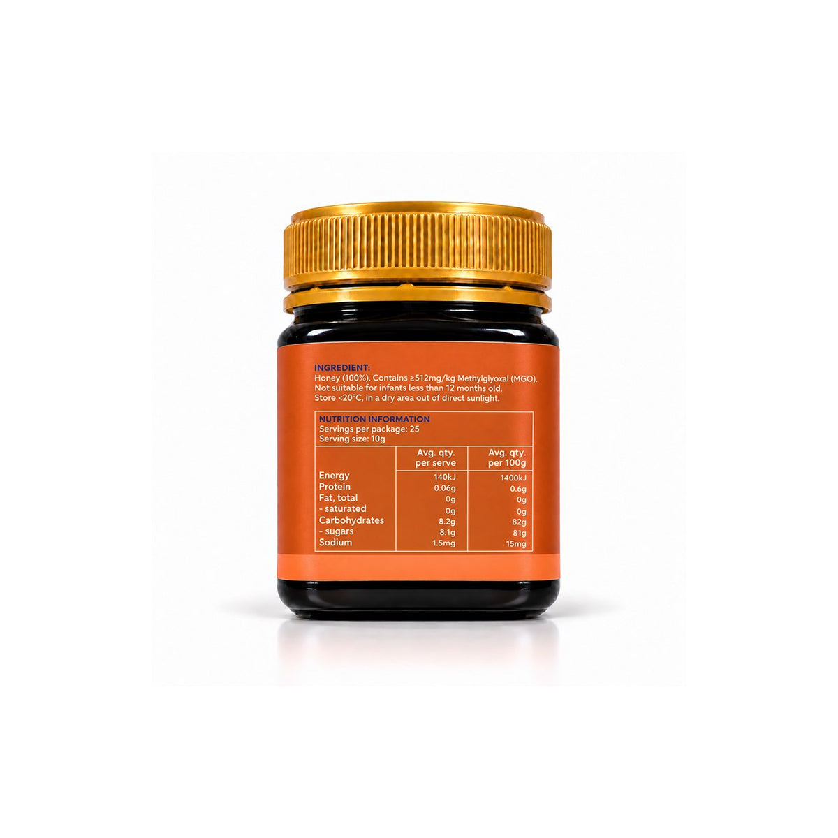 Raw Mānuka Honey MGO 512+ — back label and nutrition