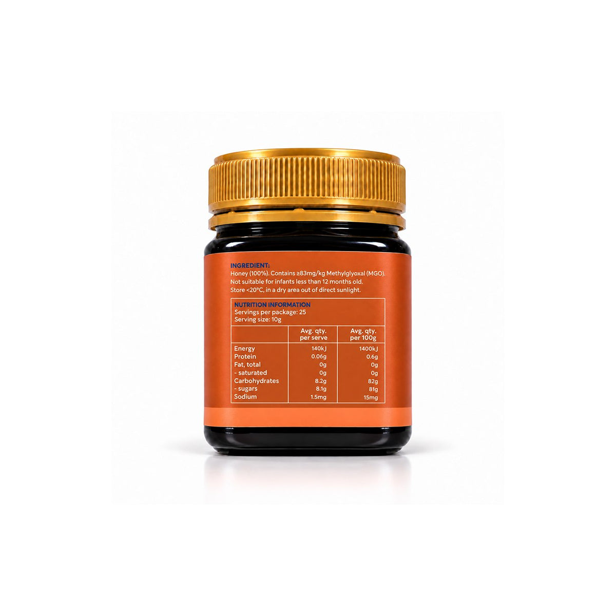 Raw Mānuka Honey MGO 83+ — back label and nutrition