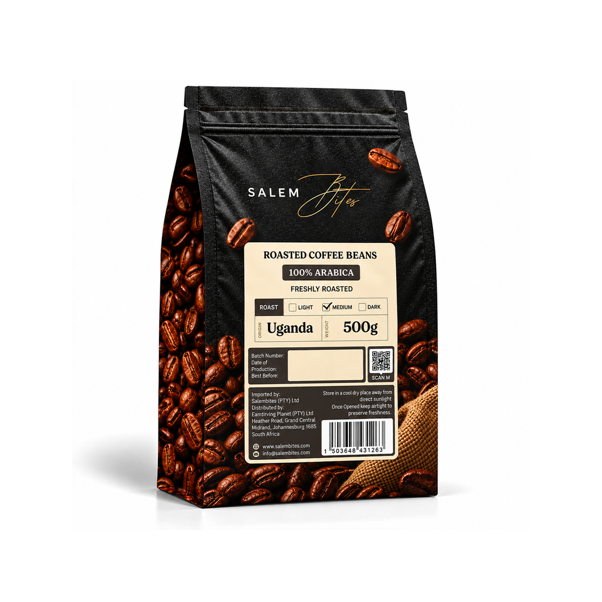 Roasted Coffee Beans — 100% Arabica — 500g pack, back label
