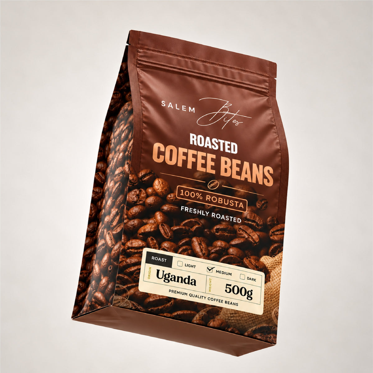 Roasted Coffee Beans — 100% Robusta — 500g pack, angled
